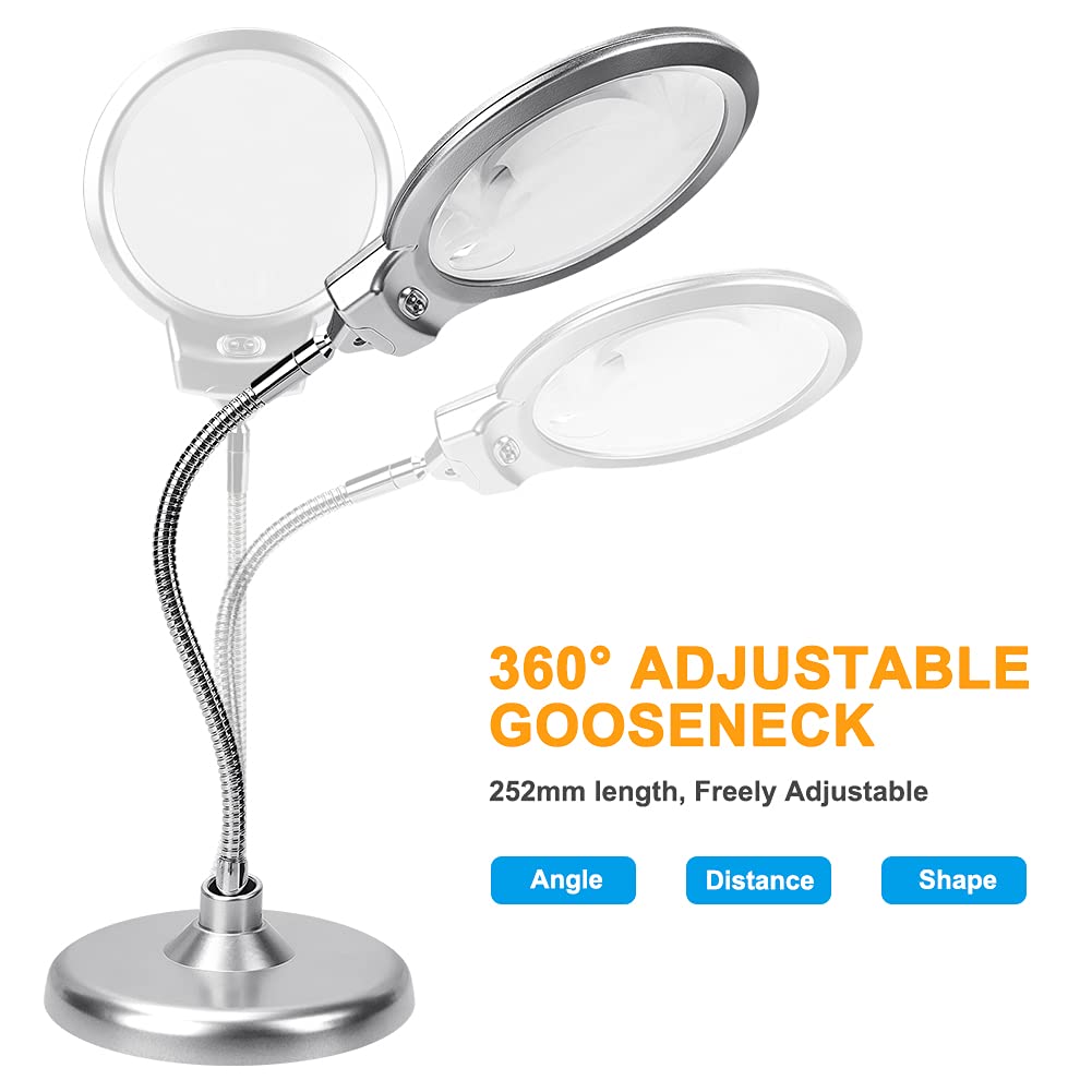 Magnifying Lamp, 10X 5X Desktop Magnifying Glasses with Light and Stand Hands Free Led Magnifying Glass 360° Flexible Magnifier Lamp for Crafts, Reading, Studying,Sewing, Repairing, Hobbies