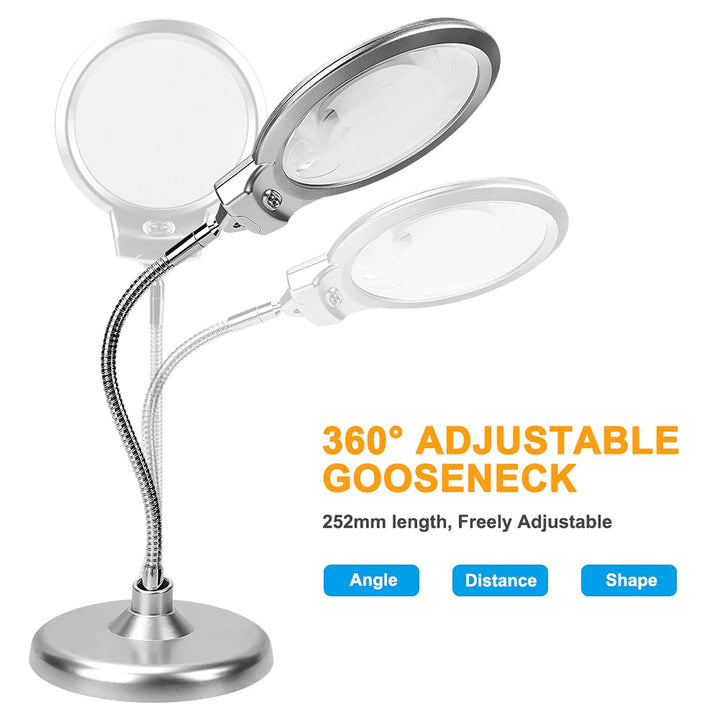 Magnifying Lamp, 10X 5X Desktop Magnifying Glasses with Light and Stand Hands Free Led Magnifying Glass 360° Flexible Magnifier Lamp for Crafts, Reading, Studying,Sewing, Repairing, Hobbies