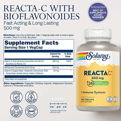 Reacta-C with Vitamin C 500mg - 200mg Bioflavonoid Concentrate, Immune Defense Vitamins - Patented 24 Hour Immune Support Supplement - Vegan - 180 Capsules, 180 Servings