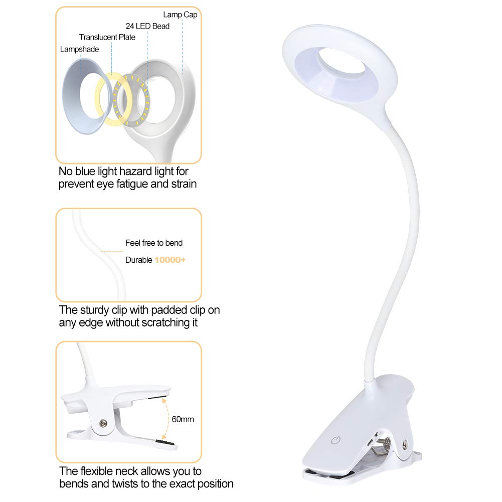 Clip-on Reading Light for Bed - Amber Book Read Light Rechargeable 5 Brightness Desk Light Clamp Lamp, Touch Control Dimmable Lamp with Flexible Neck, Gentle Night Light(White)