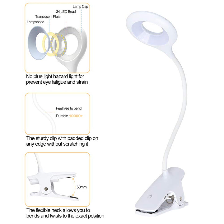 Clip-on Reading Light for Bed - Amber Book Read Light Rechargeable 5 Brightness Desk Light Clamp Lamp, Touch Control Dimmable Lamp with Flexible Neck, Gentle Night Light(White)
