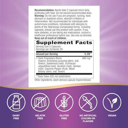 Nature&#39;s Way Echinacea Goldenseal, Premium Blend, Supports Immune Health*, 900 mg per 2-Capsule Serving, Non-GMO Project Verified, Vegan, 100 Capsules (Packaging May Vary)