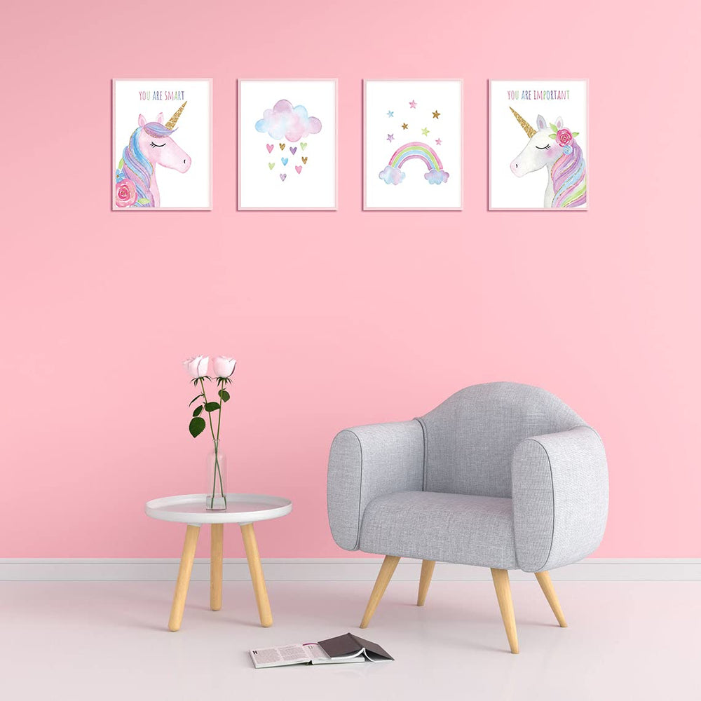Watercolor Unicorn Nursery Wall Art Girls Room Decor Inspirational Rainbow Flower prints Baby Girls Room Poster Colorful Picture Cute Paintings for Kids Room Lovely Gift (8x10 inch,Set of 4,Unframed)