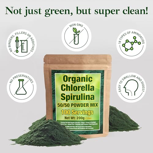 Organic Spirulina and Chlorella Powder 50/50 Mix - 3 Month Supply - Vegan &amp; Non-GMO Chlorella and Spirulina Powder