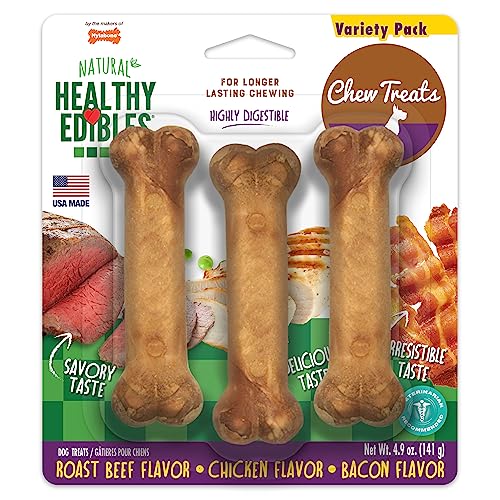 Healthy Edibles Natural Dog Chews Long Lasting Roast Beef, Chicken & Bacon Flavor Treats for Dogs, Small/Regular (3 Count)