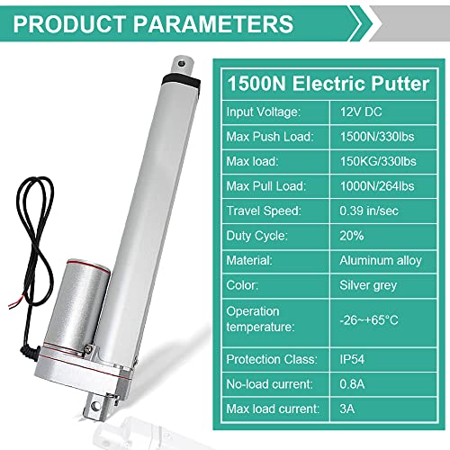 Heavy Duty 330lbs/1500N Solar Tracker Linear Actuator Multi-Functions with Mounting Brackets (12V, 12) IP54 Waterproof 300mm Stroke Linear Motion Actuator