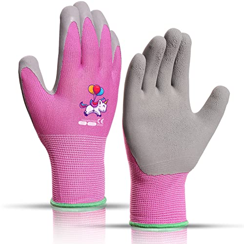 Ages 5-7 Kids Gardening Gloves,Yard Work Gloves for Toddlers, Youth, Girls, Boys, Childrens, Soft Safety Rubber Gloves (XXS Age 5-7, 1 Pair Pink Unicorn)