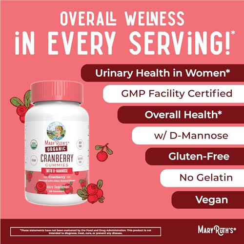 Organic Cranberry Gummies by MaryRuth&#39;s | 500mg Cranberry Supplement | Urinary Tract Health for Women | with D Mannose | Traditional Use | USDA Organic | Vegan | Non GMO | 30 Servings