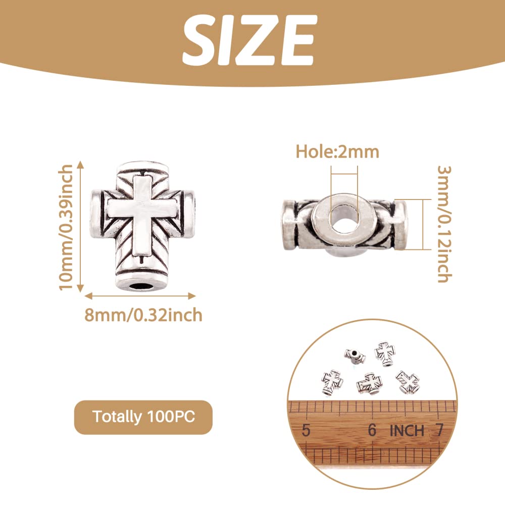 100Pcs Antique Silver Tiny Cross Spacer Beads 10x8mm Tibetan Metal Crucifix Cross Holy Charm Beads for Jewelry Maing Hole: 2mm