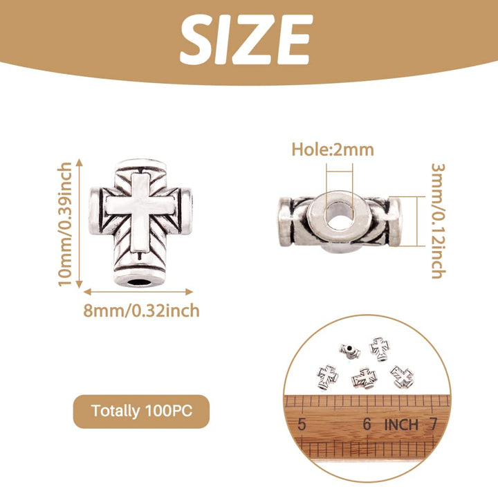 100Pcs Antique Silver Tiny Cross Spacer Beads 10x8mm Tibetan Metal Crucifix Cross Holy Charm Beads for Jewelry Maing Hole: 2mm