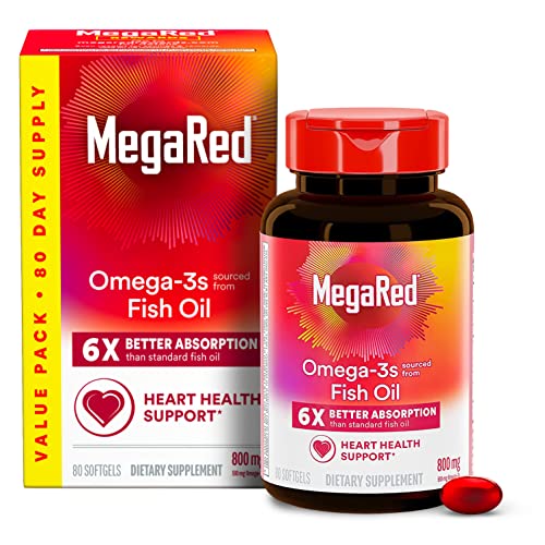 MegaRed Advanced 6X Absorption Softgels - Omega-3 Fish Oil Supplement 800mg (80 Count in A Box), EPA, DHA, Fish Oil, Supports Heart Brain Joints & Eyes