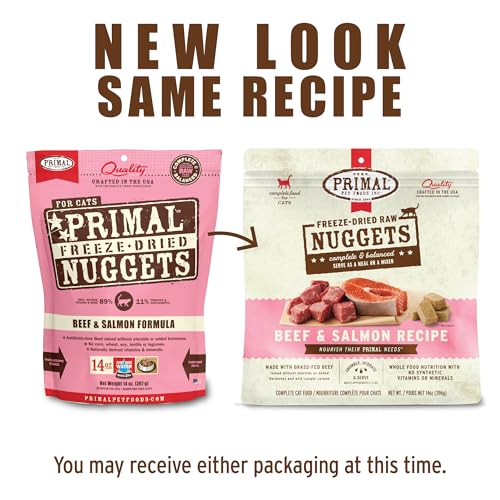 Primal Freeze Dried Raw Cat Food Nuggets Beef & Salmon, Complete & Balanced Meal or Topper, Premium, Healthy, Grain Free, High Protein Raw Cat Food with Probiotics (14 oz)