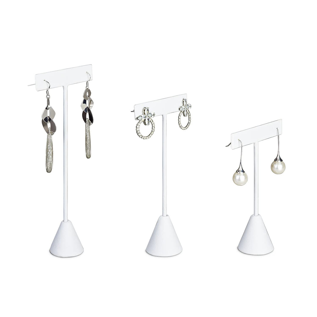 6Pcs Set Earring T Stand Display Set with 3 Different Heights, T Shape Jewelry Earring Showroom and Tradeshow Showcase Displays, White Leatherette, 4 1/2 H in; 5 3/4 H in; 6 3/4 H in