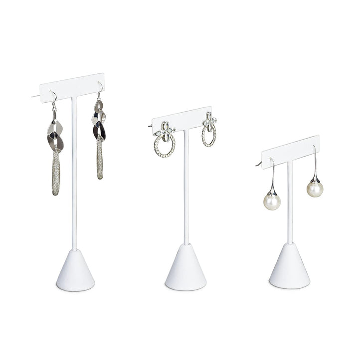 6Pcs Set Earring T Stand Display Set with 3 Different Heights, T Shape Jewelry Earring Showroom and Tradeshow Showcase Displays, White Leatherette, 4 1/2 H in; 5 3/4 H in; 6 3/4 H in