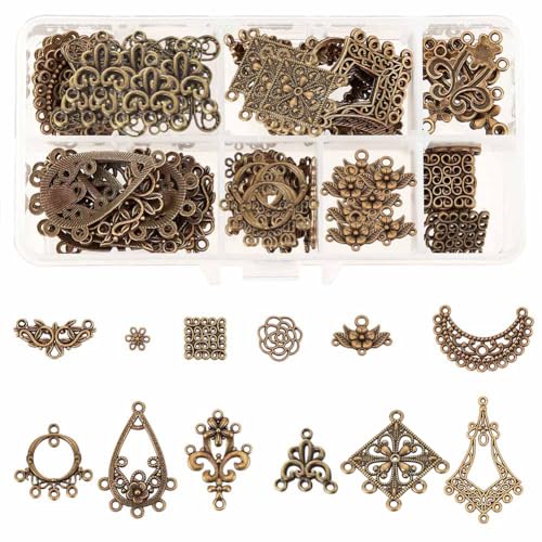 SUNNYCLUE 1 Box 72Pcs 12 Styles Filigree Connector Charms Flower Alloy Hollow Links Teardrop Square Oval Moon Shape Filigree Metal Embellishments for Crafts Supplies, Antique Bronze