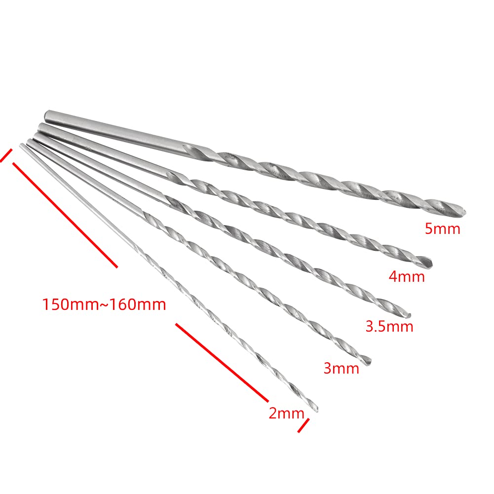 Extra Long Drill Bit Set, High Speed Steel Straight Shank Drill Bit 2/3/3.5/4/5mm Diameter 150mm to 160mm Long Drill Bit for Wood