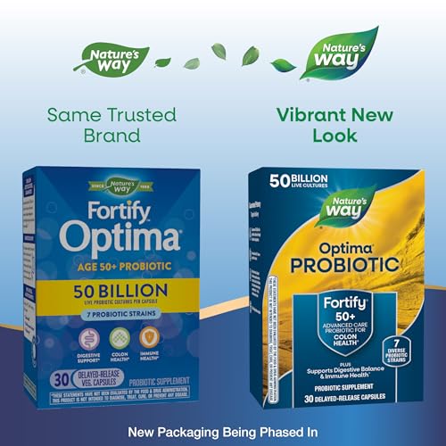 Nature&#39;s Way Fortify Optima Probiotic for Adults 50+, 50 Billion Live Cultures, Supports Digestive Balance, Colon &amp; Immune Health*, No Refrigeration Needed, 30 Capsules (Packaging May Vary)