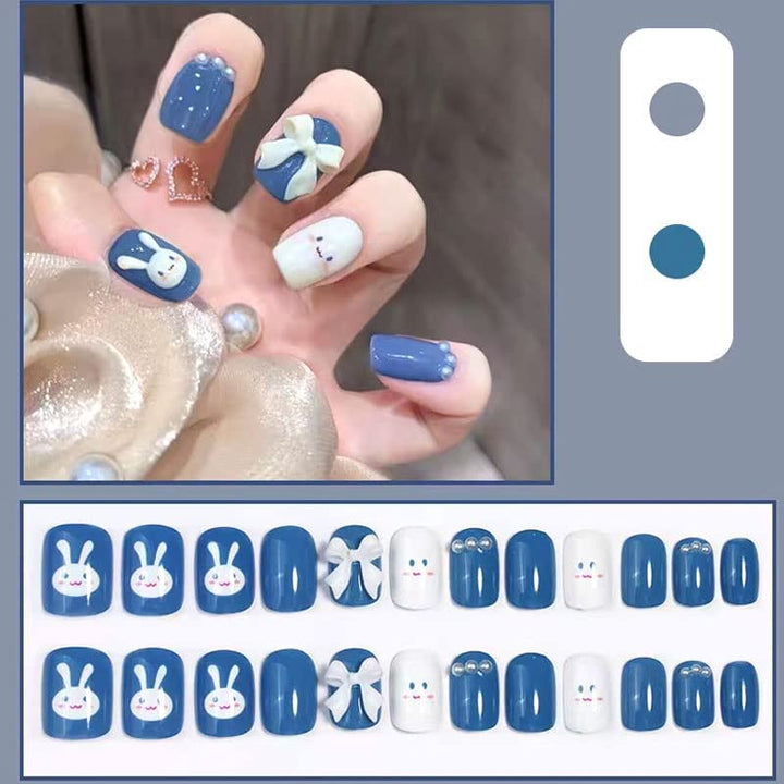 Cute Fake Press on Nails for Women Kid Cute Rabbit Fake Nails Pre-glue Short Full Cover False Nail Tips Stick on Nails Lovely Gift Girls Nail Art Decoration -Blue