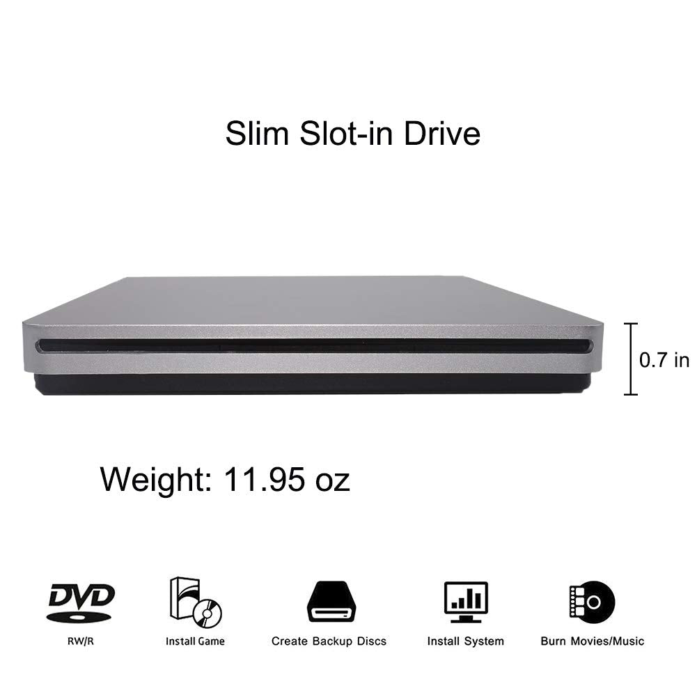 External CD DVD Drive USB C CD DVD Burner/Writer Slim Portable Slot in CD DVD Reader for MacBook Pro/Air/Mac/Laptop/Windows10 (Sliver)