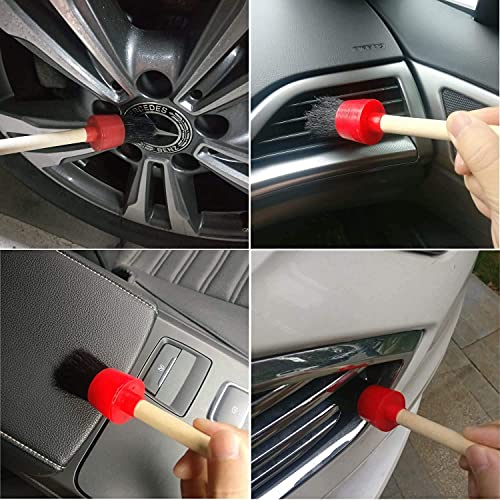 11Pcs Auto Detailing Set, Boar Hair Brushes, Steel Wire &amp; A/C Brushes, Red, Soft Bristles, Wood Handles for Cleaning Interior, Exterior, Leather, 6 Sizes