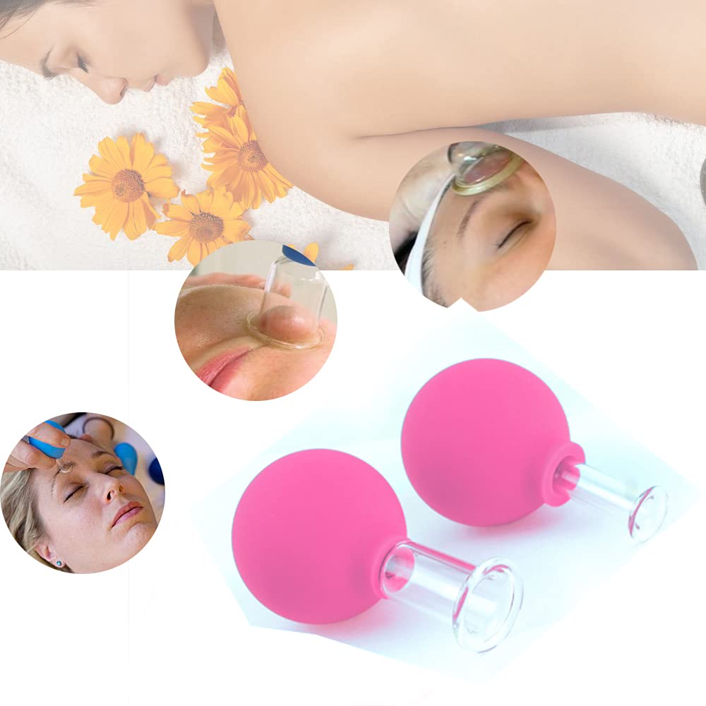 FeelFree Sport 2 Pieces Glass Facial Cupping Kit-Silicone Vacuum Suction Massage Cups Set Anti Cellulite Lymphatic Therapy Sets for Eyes, Face (Pink)