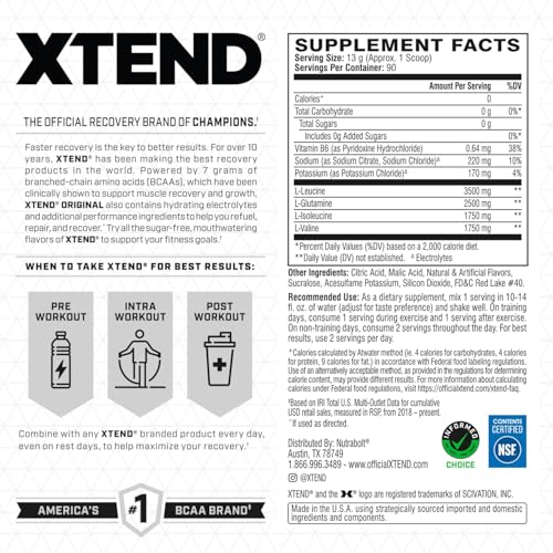 XTEND Original BCAA Powder 7g BCAA and 2.5g L-Glutamine, Sugar Free Post Workout Muscle Recovery Drink with Amino Acids for Men & Women, 90 Servings