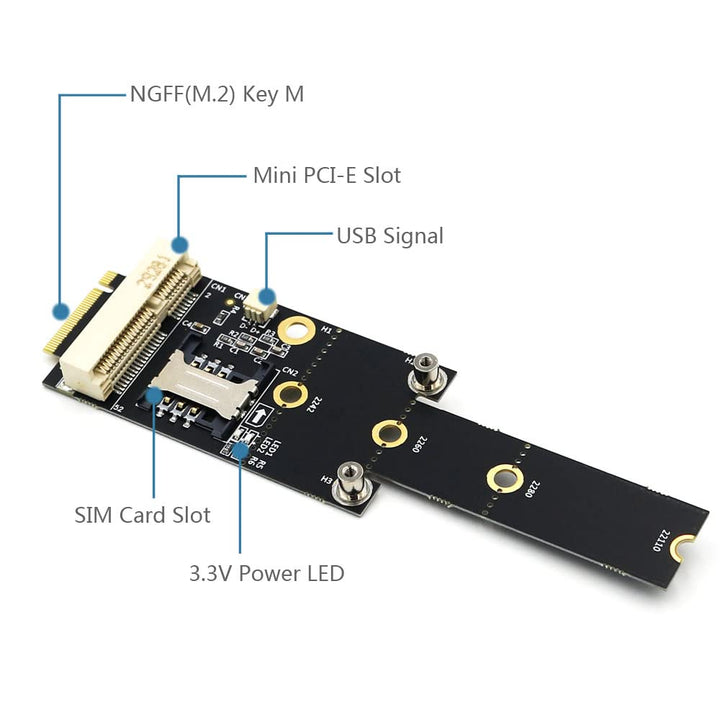 HLT Mini PCI-E to M.2(NGFF) Key M Adapter with SIM Card