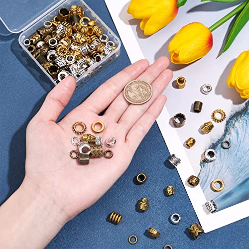 150 Pcs 15 Styles African Hair Beads, Beard Beads Big Hair Beads Tibetan Style Alloy Dreadlock Beads African Beads for Men Women Hair Braids Hair Decoration, Silver/Golden/Bronze, Hole 5-9mm