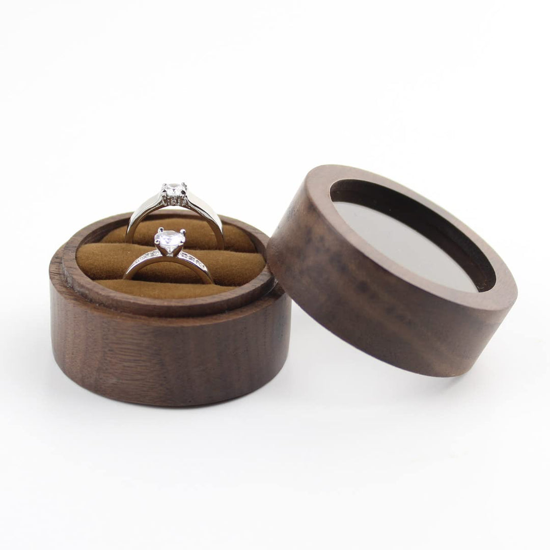 Round Wooden Jewelry Ring Box Transparent Lid Couple Rings Box for Engagement Wedding Box Two Slots Brown Velvet