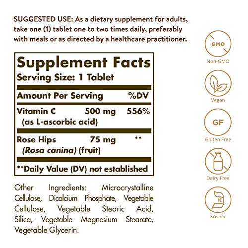 Solgar Vitamin C 500 mg with Rose Hips, 250 Tablets - Antioxidant &amp; Immune Support - Overall Health - Supports Healthy Skin &amp; Joints - Non GMO, Vegan, Gluten Free, Dairy Free, Kosher - 250 Servings