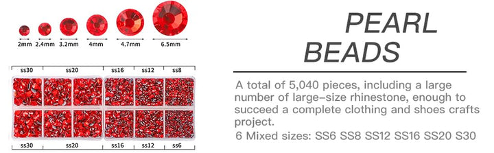 5040pcs Red Flatback Rhinestones for Crafting, Crystal Round Gems for Nail Art DIY Crafts Halloween Clothes Bags, 6 Mixed Size Hotfix Rhinestones with Tweezers and Picking Rhinestones Pen