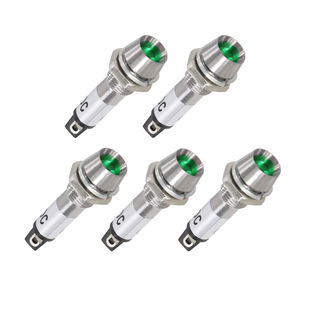 Indicator Light 24V DC Green 5/16 Inch 8mm Metal Shell Panel Mount Signal Pilot Dash Directional Lights 5 Pack