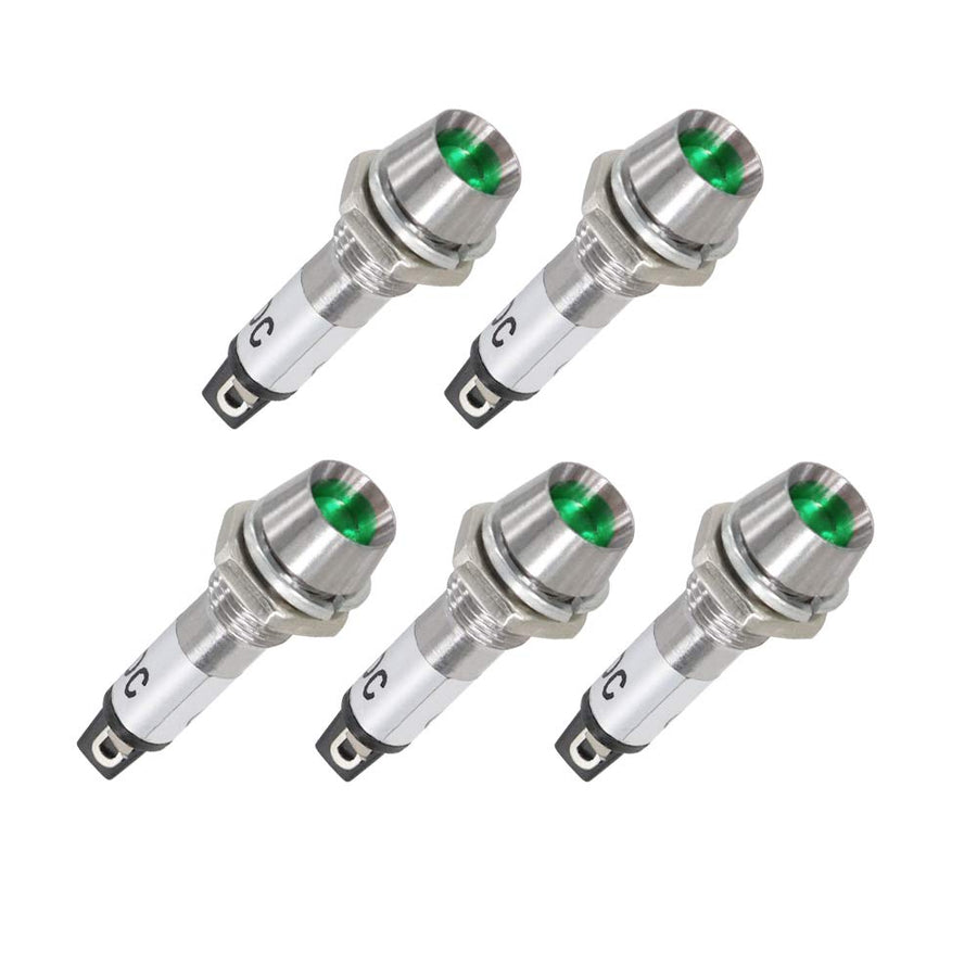 Indicator Light 24V DC Green 5/16 Inch 8mm Metal Shell Panel Mount Signal Pilot Dash Directional Lights 5 Pack