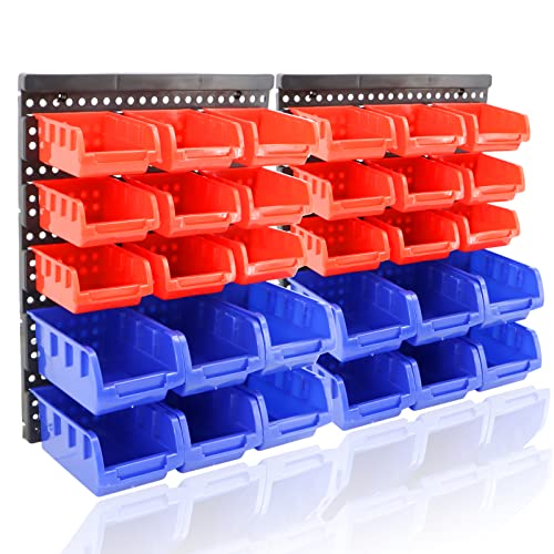 Wall Mounted Storage Bins Parts Rack 30Pcs Workshop Storage Bins Rack Garage Bolt Bins Organizer Hardware Bins Storage Bins for Nail,Screw, Bead, Button