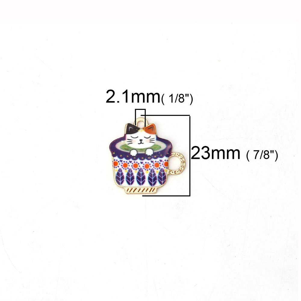 10pc Plated Gold Alloy Cup Multicolor Cat Enamel Charms Pendants 23x23mm (7/8 x 7/8)