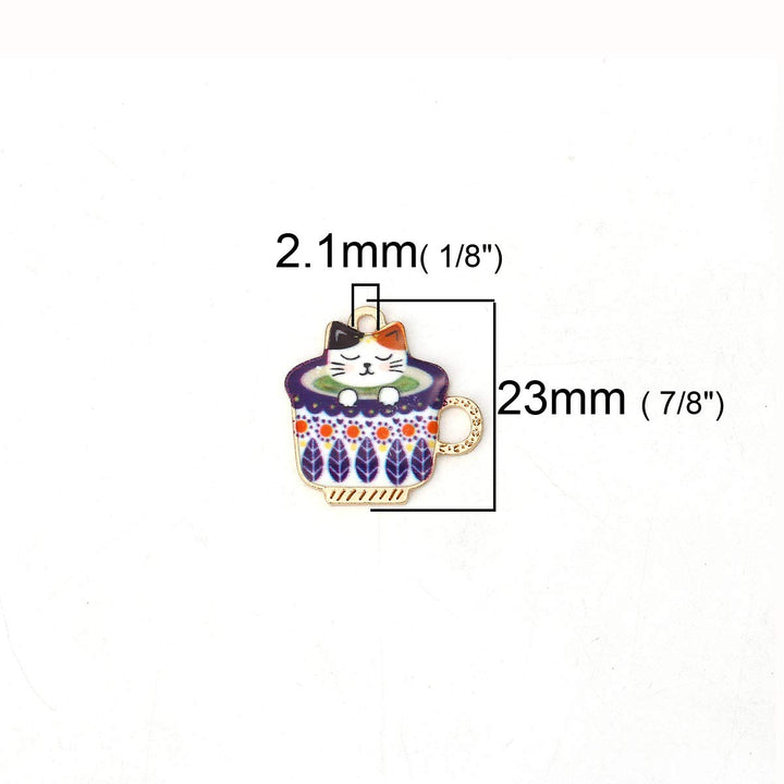 10pc Plated Gold Alloy Cup Multicolor Cat Enamel Charms Pendants 23x23mm (7/8 x 7/8)