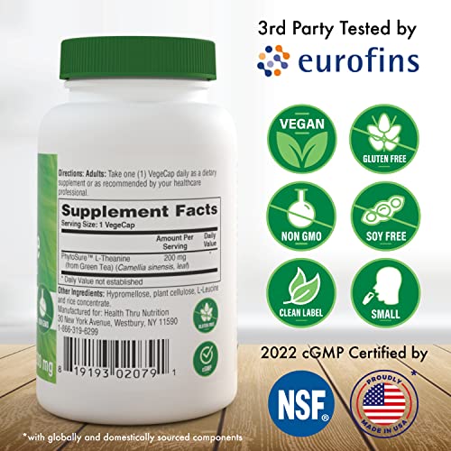 Health Thru Nutrition L-Theanine 200mg 60 Vegecaps PhytoSure Certified | Supports Healthy Relaxation & Focus | 3rd Party Tested | Clean Label, Non-GMO, Gluten & Soy Free, Hypoallergenic