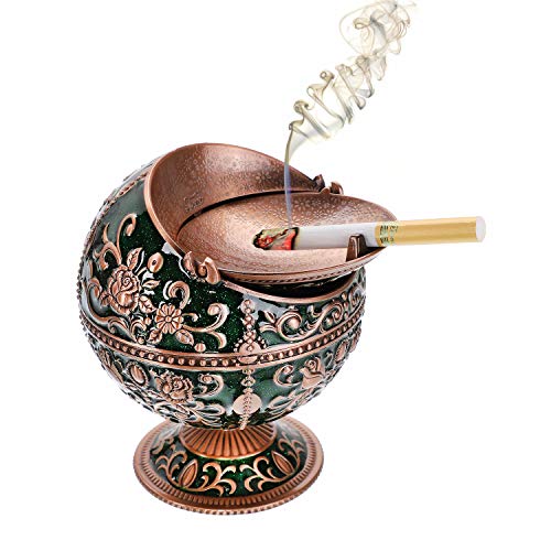 Windproof Ashtray with Lid for Cigarettes Metal Portable Cigar Ashtray Odor Eliminator for Indoor outdoor Hand Stamped Rose Pattern with Sparkle Fancy Gift for Men Women (Jasper -Red Copper)