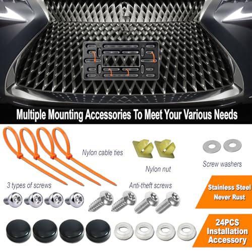 Aootf Front License Plate Bracket- Universal Bumper Mounting Kit, Car Tag Holder Adapter &amp; Black Aluminum Plate Cover, Anti-Theft Lock Screw Bolt Caps, For US Vehicle Trailer Truck