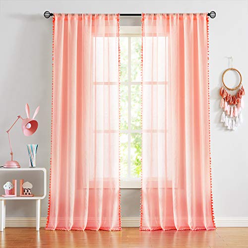 Treatmentex Blush Pink Pompom Sheer Curtains for Bedroo