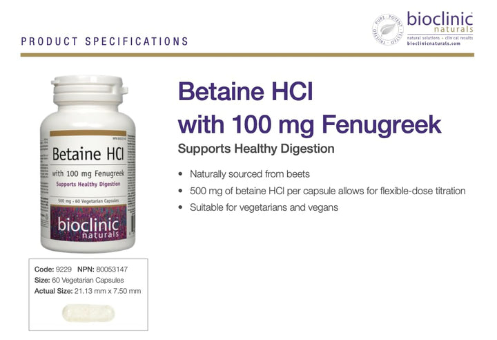 Bioclinic Naturals - Betaine HCL with Fenugreek 60 Vegg