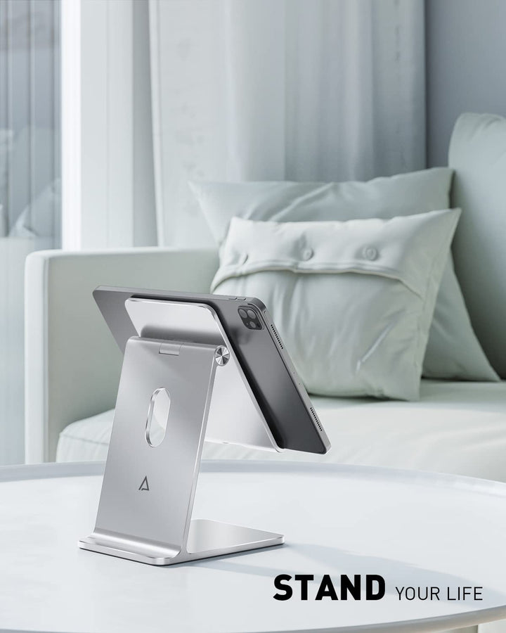 Adjustable Tablet Stand Holder, Sleek Looks Tablet Desktop Stand Dock Constructed from Aluminum - Compatible with iPad Air iPad Pro/iPad Mini [4.7-13], iPhone 15, Galaxy Tab S8, Grey