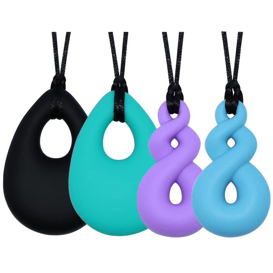 Chew Necklace for Baby Boys and Girls, 4 Pack Silicone Teething Necklace Teardrop Twist.
