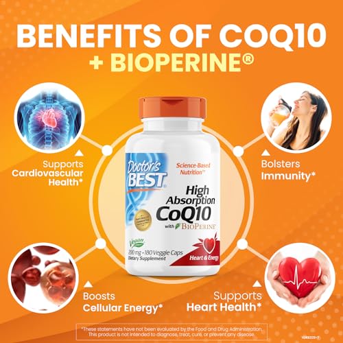 Doctor's Best High Absorption CoQ10 with BioPerine, Non-GMO, Gluten & Soy Free, Naturally Fermented, Vegan, Heart Health and Energy Production, 200 mg, 180 Count