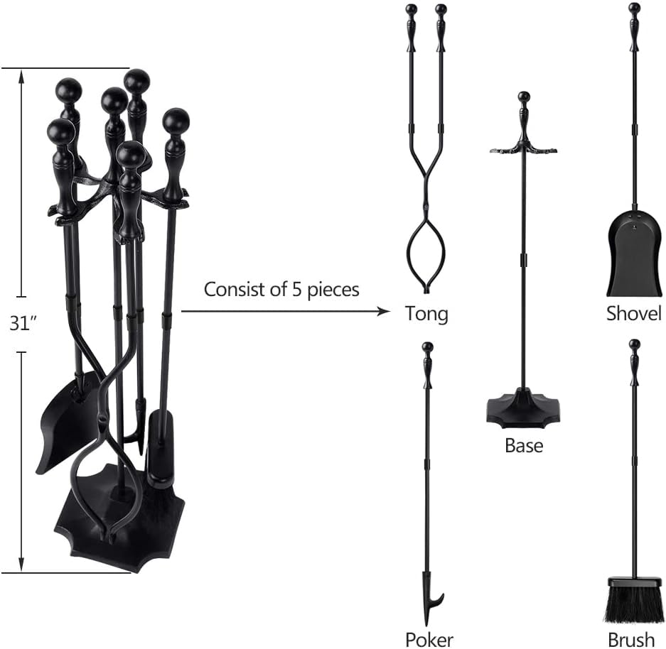 AMAGABELI GARDEN &amp; HOME 5 Pcs Fireplace Tools Sets Black Handle Wrought Iron Large Fire Tool Set and Holder Outdoor Fireset Fire Pit Stand