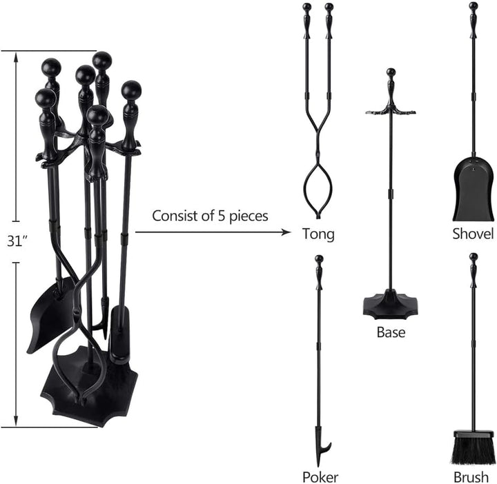 AMAGABELI GARDEN &amp; HOME 5 Pcs Fireplace Tools Sets Black Handle Wrought Iron Large Fire Tool Set and Holder Outdoor Fireset Fire Pit Stand