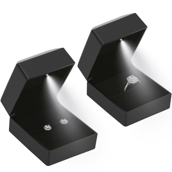 2 Pieces Ring Earring Gift Box with LED light, Elegant Velvet Ring Case Jewelry Display for Proposal, Engagement, Wedding, Gift (Black)