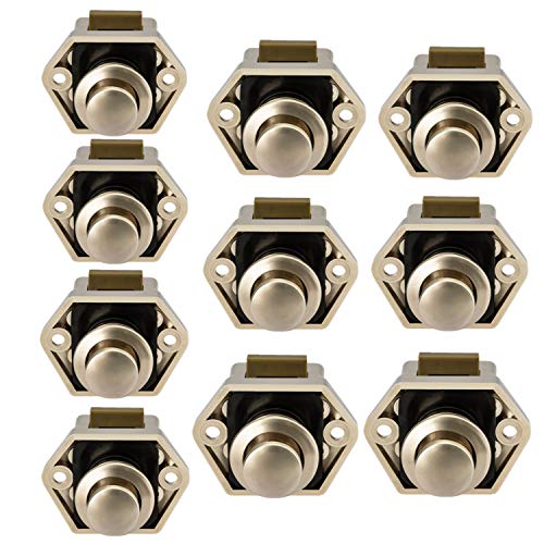 OCGIG 10Pcs RV Cabinet Mini Push Button Latch Locks Catch Door Knobs Gold for RV Caravan Cupboard Handle Nickel Plated