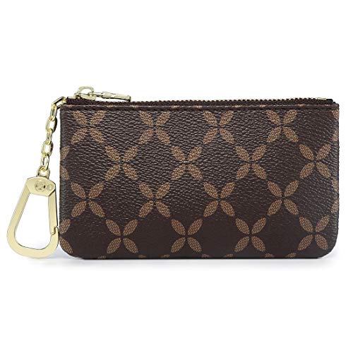 Luxury Zip Key Chain Pouch | Mini Coin Purse Wallet Card Holder with Clasp | for Men Women - Coated Canvas (Brown)