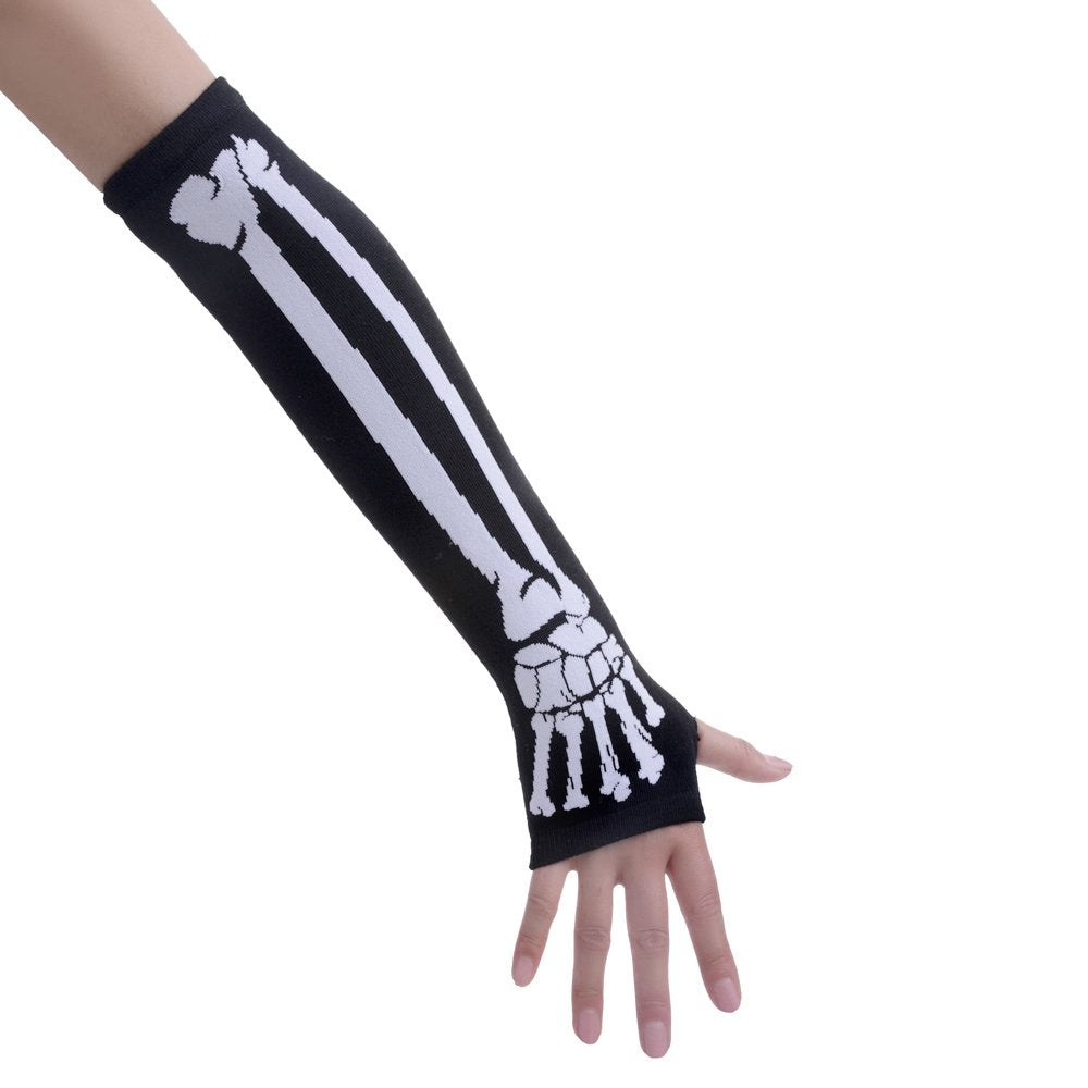 Women Punk Winter Arm Warmer Knitted Stretchy Soft Fingerless Gloves White Skeleton